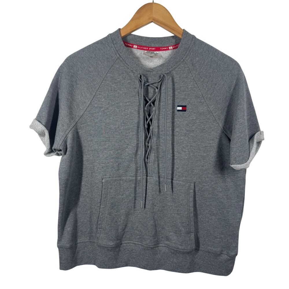 Tommy Hilfiger Top Women Size M Gray Embroidered Logo Tie Detail Front Pocket